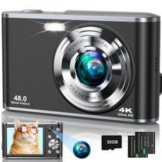 4K Digital Camera, 48MP Autofocus Kids Camera Selfie with Front and Rear Dual Lenses, 32GB Card,16X Digital Zoom, Compact Travel Vlogging Video(Black) product